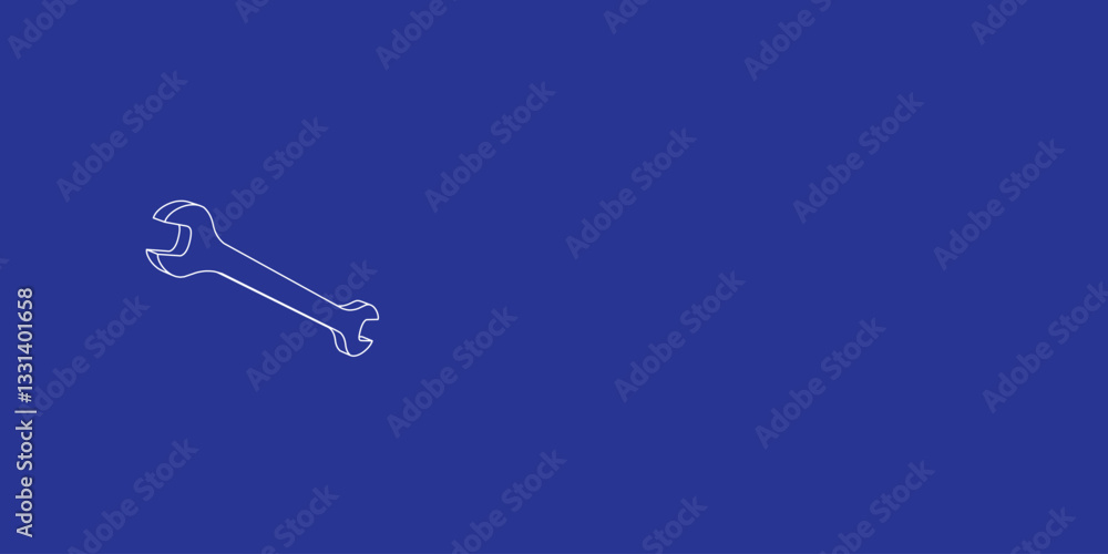Poster the outline of a large wrench symbol made of white lines on the left. 3d view of the object in persp