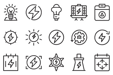  Energy, power, charge and lightning related editable stroke outline icon set flat vector illustration