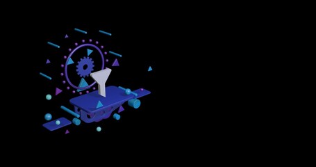 Obraz premium White funnel symbol on a pedestal of abstract geometric shapes floating in the air. Abstract concept art with flying shapes on the left. 3d illustration on black background