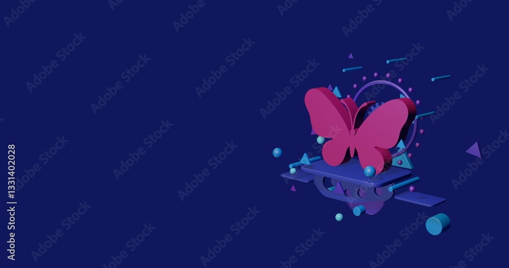 Poster pink butterfly symbol on a pedestal of abstract geometric shapes floating in the air. abstract conce
