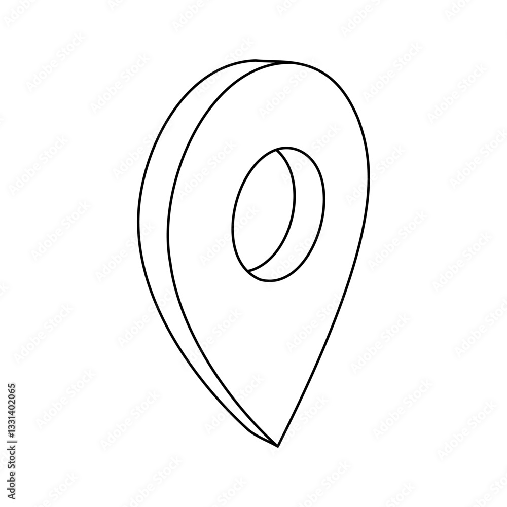 Poster the outline of a large location symbol is made with black lines. 3d view of the object in perspectiv