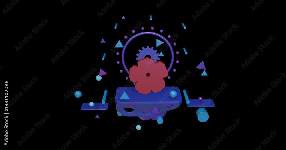 Poster red geranium on a pedestal of abstract geometric shapes floating in the air. abstract concept art wi
