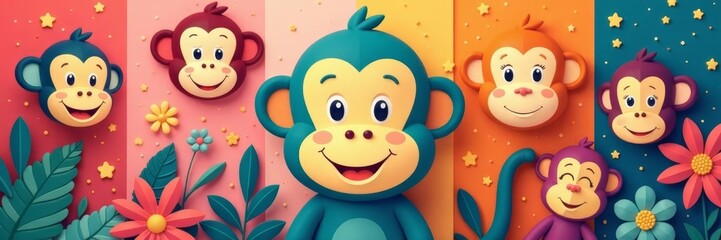 Fototapeta premium Colorful monkey face background for nursery decor, design, adorable, cute