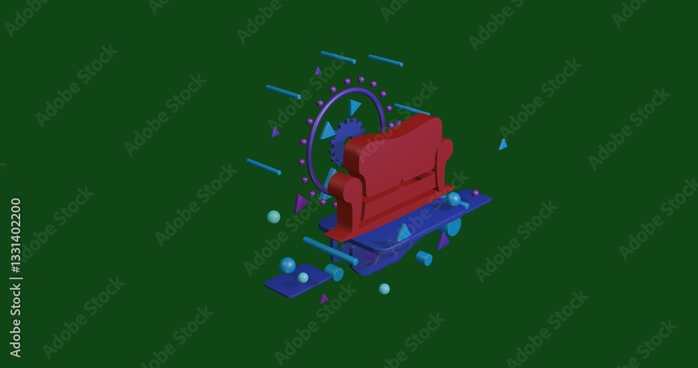 Aufkleber red sofa symbol on a pedestal of abstract geometric shapes floating in the air. abstract concept art