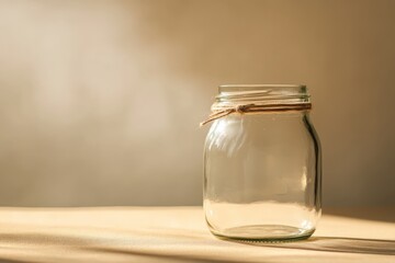 An empty glass jar with twine sits on a table
