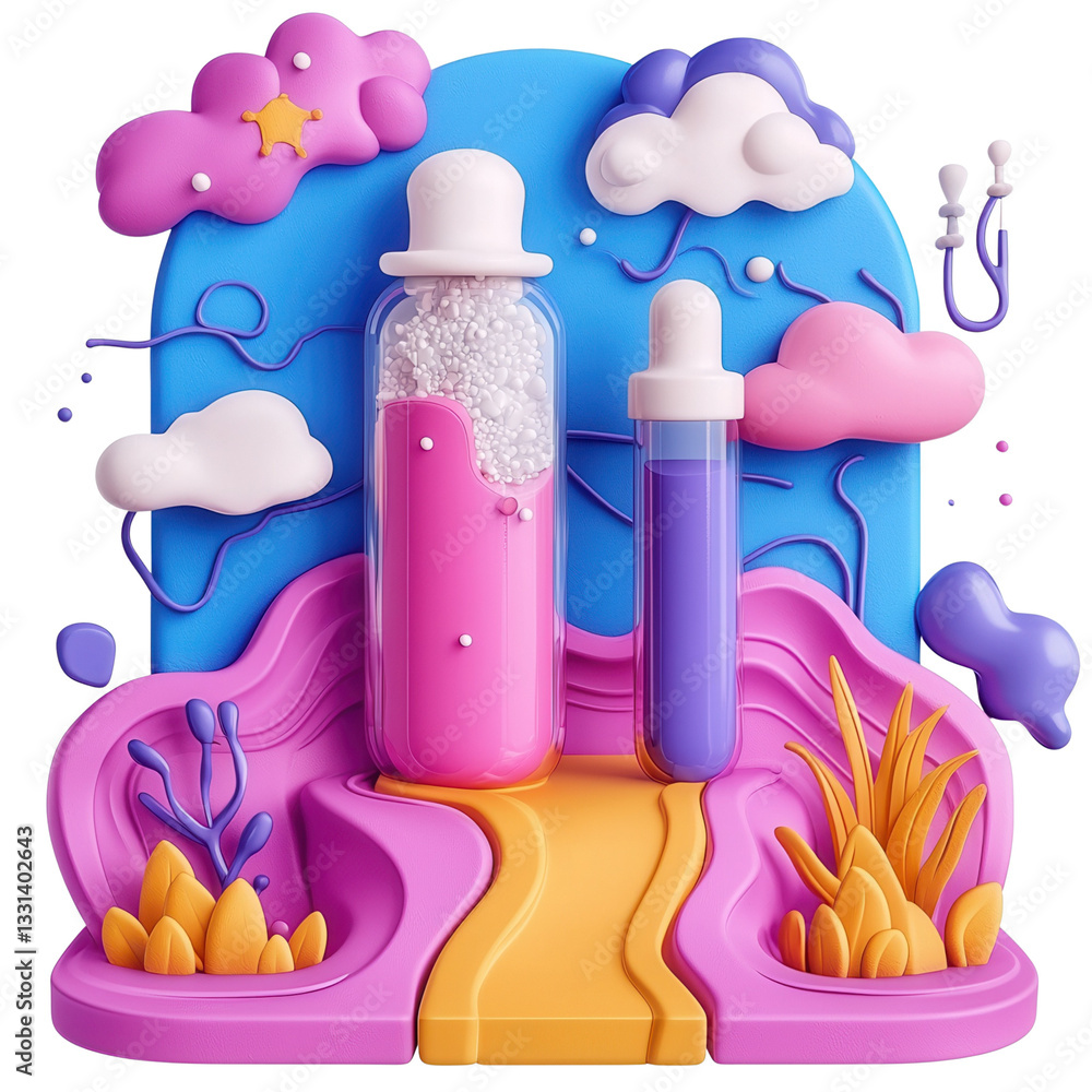 Poster colorful abstract design featuring bottles and playful shapes. isolated on white background