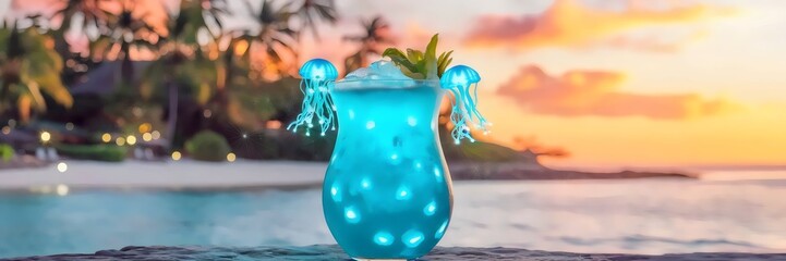 Luminous ocean-inspired cocktail with glowing blue hue – Perfect for summer party themes, beachside bar branding, or unique cocktail photography.