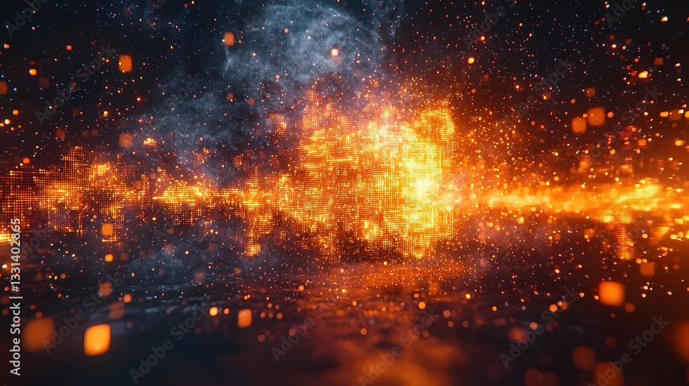 Poster explosive digital pixel blast in glowing abstract grid pattern