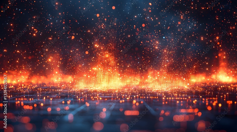 Poster explosive digital pixel burst in glowing abstract grid pattern