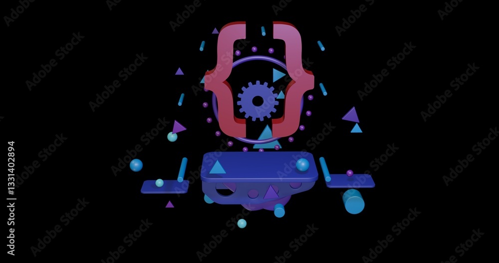 Poster red curly brackets symbol on a pedestal of abstract geometric shapes floating in the air. abstract c