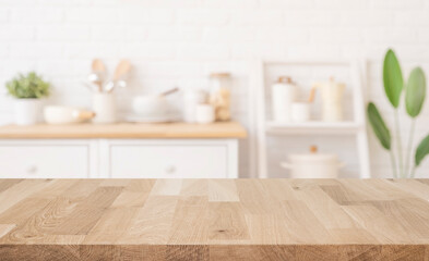 Wooden table surface for presentation on blurred kitchen room interior background