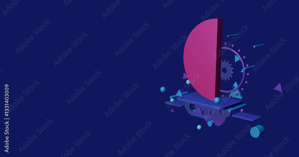 Poster pink semicircle symbol on a pedestal of abstract geometric shapes floating in the air. abstract conc