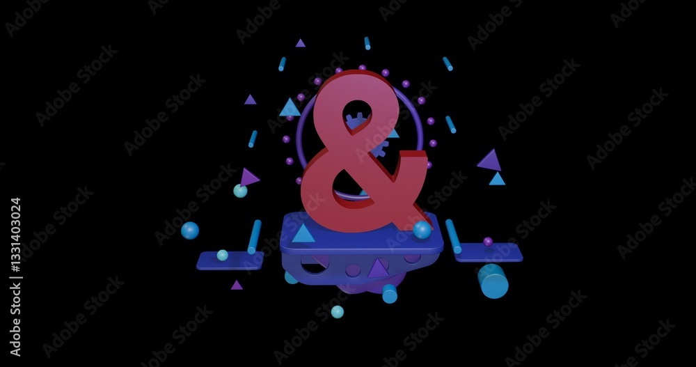 Fototapete red ampersand symbol on a pedestal of abstract geometric shapes floating in the air. abstract concep
