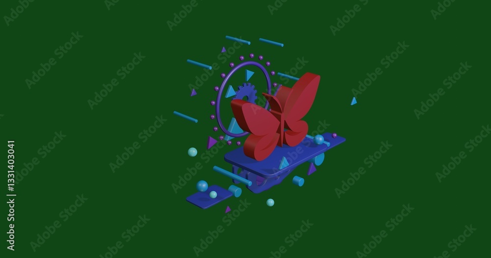 Poster red butterfly symbol on a pedestal of abstract geometric shapes floating in the air. abstract concep