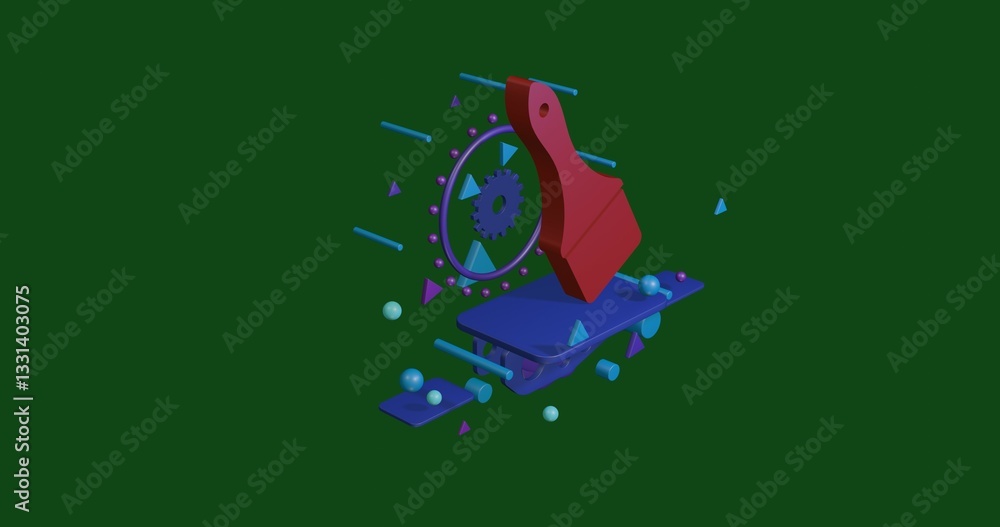 Poster red paint brush symbol on a pedestal of abstract geometric shapes floating in the air. abstract conc
