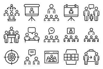 Meeting, whiteboard, conference icon set editable stroke outline isolated flat vector illustration on white background