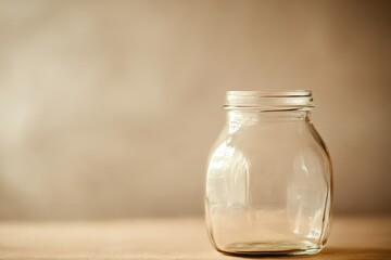 A simple transparent glass jar sits alone on a surface