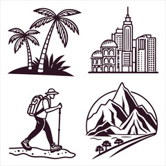 Tropical island vacation city silhouette with palm trees and ocean views icon