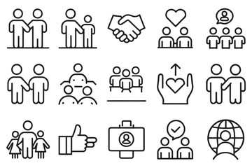 Fototapeta premium People, friendship, social icon set editable stroke outline isolated flat vector illustration on white background