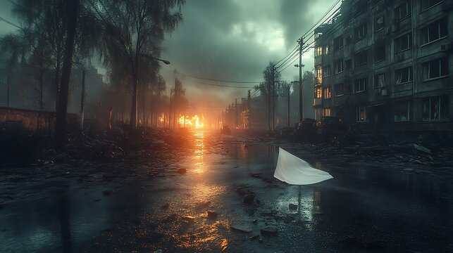 A war torn cityscape reveals fire and a white flag - Powered by Adobe