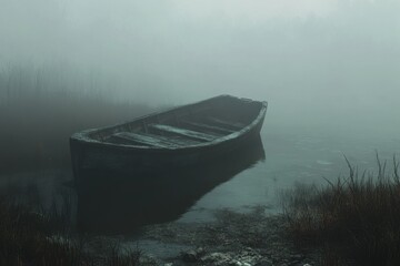Old wooden rowboat sits in foggy water. Perfect for mystery, suspense, or loneliness themes.