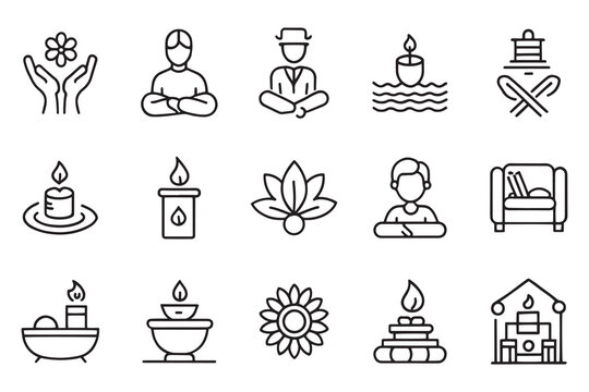 Relaxation, massage, yoga, spa related editable stroke outline icon set flat vector illustration