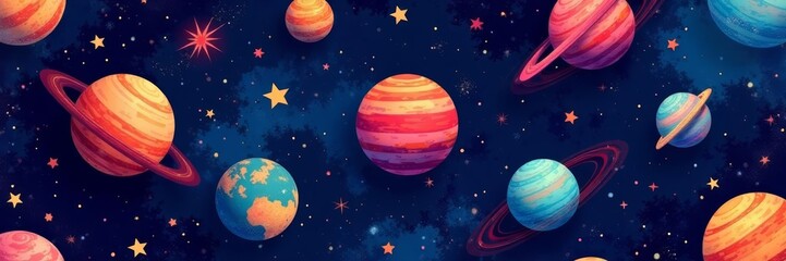Colorful seamless pattern with planets, stars, and galaxies on dark background, galaxies, planets, dark background