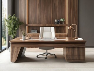 Modern wooden office desk with chair in luxury home office.