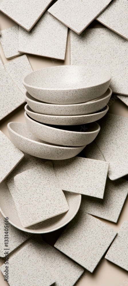 Poster a minimalist arrangement of textured plates and tiles, showcasing soft colors and clean lines, perfe