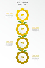 Step by step vertical infographic template with 4 options, parts or processes. Creative yellow flowers concept.