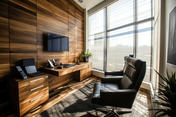 Fototapeta premium Modern wooden office with large window, desk, and leather chair.