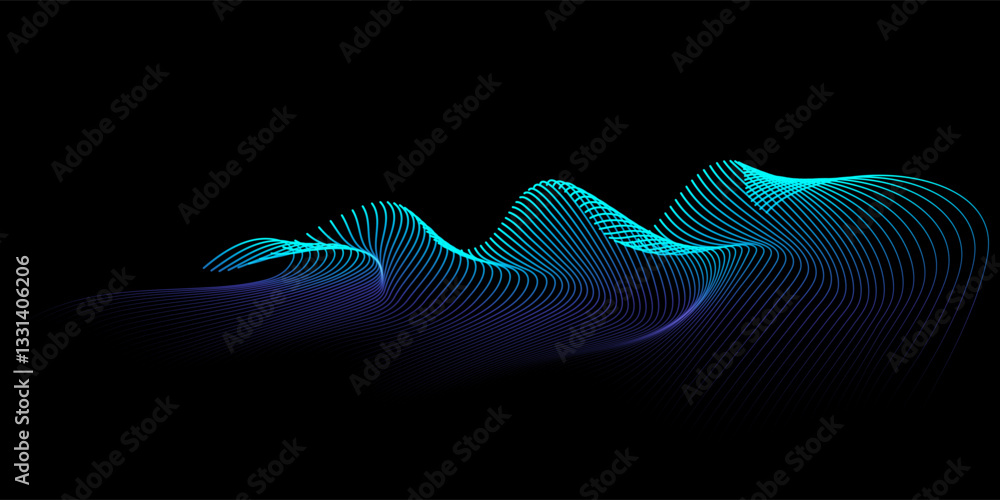 Poster Abstract waves vector wavy lines flowing smooth curve blue green light gradient isolated on black background in concept of technology, science, music, modern.