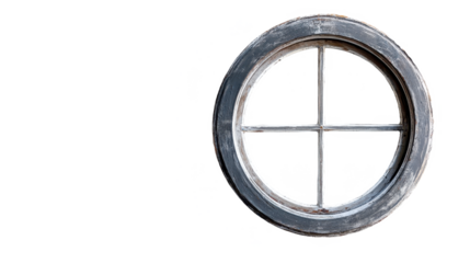 Vintage Round Window: A Circular Portal to Architectural History and Rustic Charm, with Aged Wood and Decorative Framework on a Black Background