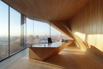 Modern wooden office with panoramic city view.