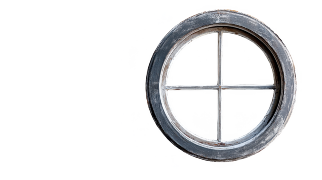 Vintage Round Window: A Circular Portal to Architectural History and Rustic Charm, with Aged Wood and Decorative Framework on a Black Background
