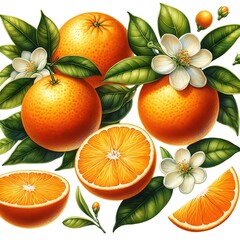 Citrus fruits with leaves and delicate blossoms, fresh orange harvest design, tropical fruit pattern, botanical vector art.