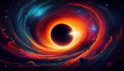 Obraz premium A mysterious black hole pulling in light and matter, distorting the surrounding space in a cosmic whirlpool, creating a surreal and powerful effect. 