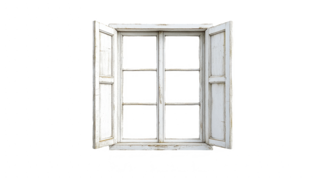 Rustic Charm: An Open Window with Weathered White Shutters, Evoking Vintage Style and Architectural Detail, Perfect for Design and Renovation Projects.