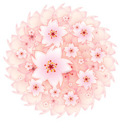 ピーチピンクの濃淡が濃い桜の花の円形リースにさらにかわいい桜の花を散りばめた美しい装飾イラスト