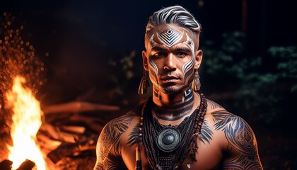 A mystical African tribal warrior standing in front of a glowing bonfire, with intricate body paint, exuding strength and spiritual energy under the night sky.
