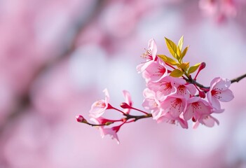 Delicate pink cherry blossom branch, vibrant spring blooms against soft, blurred background, macro, renewal