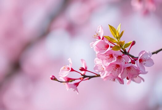 Delicate pink cherry blossom branch, vibrant spring blooms against soft, blurred background, macro, renewal