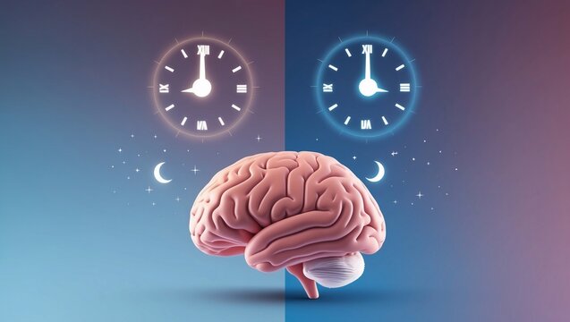 Illustration shows brain model with clock on. Night, day symbols on dual-toned background illustrate circadian rhythms. Concept image for sleep cycle, biological clock, health	