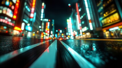 Obraz premium Vibrant Neon City Street at Night, Rain Reflecting on Wet Asphalt