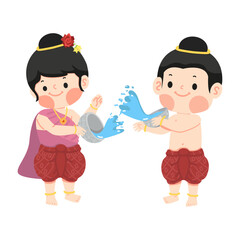 boy and girl joyfully splashing water during Songkran festival