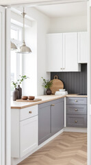 bright modern kitchen with white and gray cabinets and light wood countertops