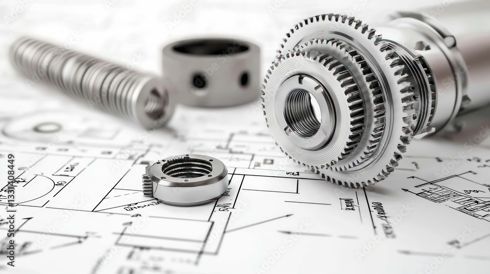 Poster precision engineering: mechanical components on blueprint