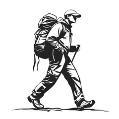 Fototapeta premium The Explorer's Journey: Silhouette of an adventurous hiker traversing rugged terrains, his path illuminated by determination, set against a clean backdrop.