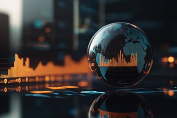 A futuristic glass globe displaying data visualizations, set against an urban backdrop, symbolizes global connectivity and technology.