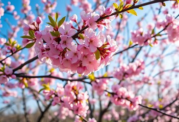Fototapeta premium Delicate pink plum blossoms cover orchard branches, early spring sunlight filtering through, plum blossoms, nature